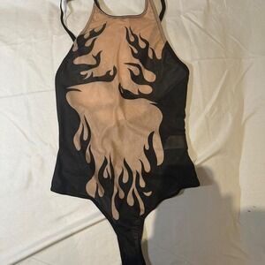 Black and tan mesh bodysuit with flame design